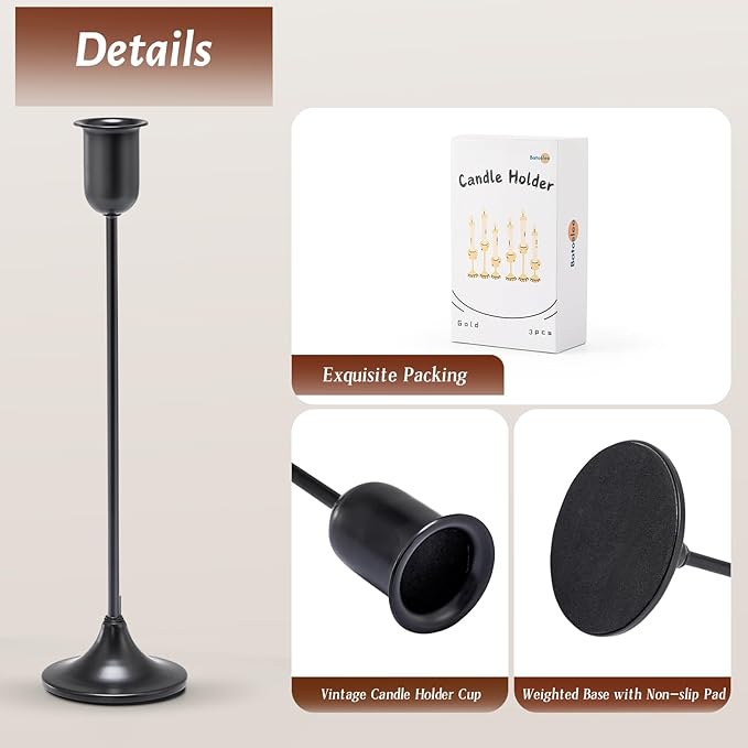 Candlestick Holders, Taper Candle Holders Set of 6, Black Candle Sticks Holder Decor Candelabra for Table Centerpiece, Fireplace Mantel & Housewarming Décor with Gift Box