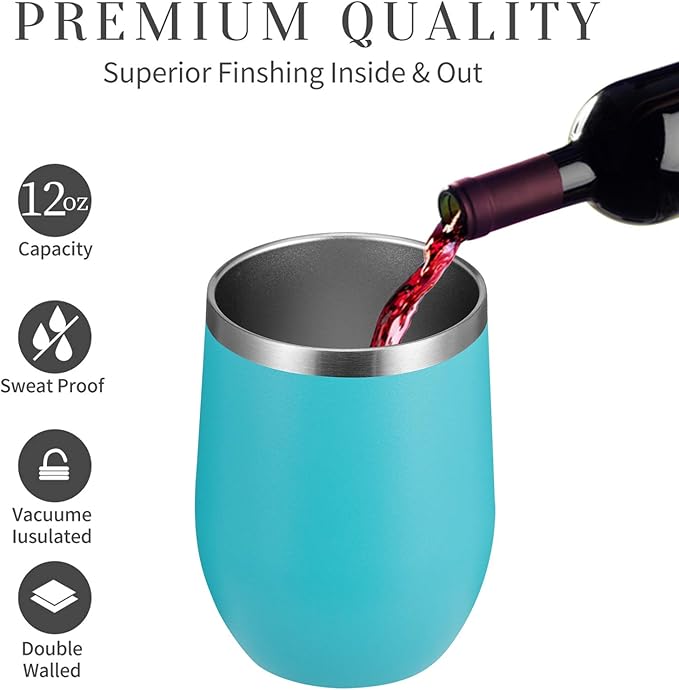 MEWAY 12oz/4 Pack Wine Tumbler Glasses with Lid - Stemless Double Wall Vacuum Stainless Steel Travel Tumbler - Keeping Cold & Hot for Wine,Coffee,Cocktails(Turquoise,Set of 4)