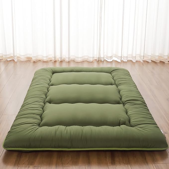 Japanese Floor Mattress, Futon Mattress with Portable Storage Bag and Washable Cover, Roll Up Thick Tatami Mat Suitable for Camping, Guest Room, Green, Full