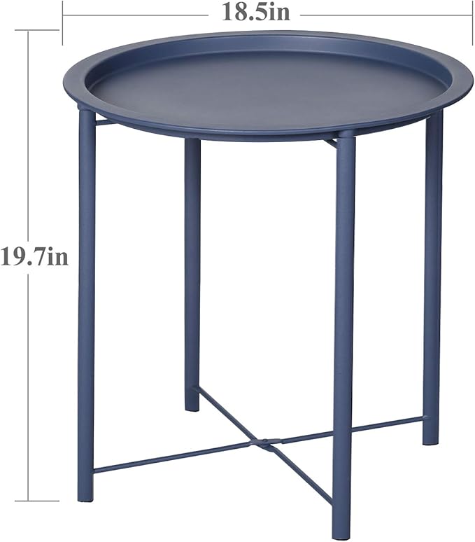 VECELO Side/End Table, Folding Round Metal Anti-Rust and Waterproof Outdoor or Indoor Tray for Living Room Bedroom Balcony and Office, 2 PCS, Blue