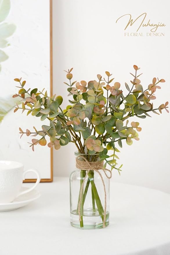 Artificial Eucalyptus Stems in Glass Vase with Faux Water,6Pcs Grey-Orange Fake Plant for Centerpiece (Grey-Orange Eucalyptus)