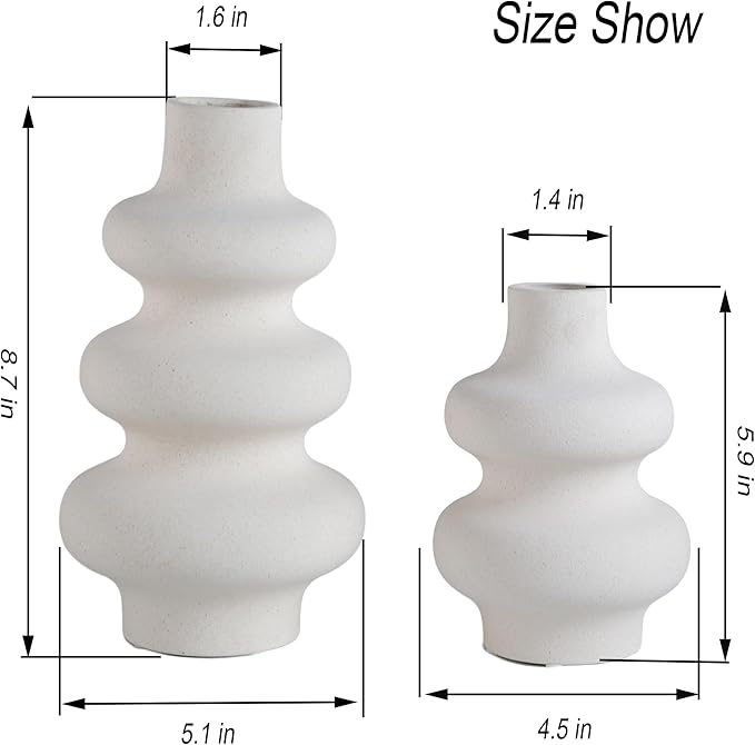 Ceramic Vase Set of 2 - Off White Boho Round Vases, Modern Pampas Vases, Dried Flower Vase Home Decor for Centerpieces Wedding Dinner Table Party Living Room Office Bedroom