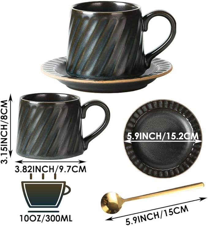 Vintage Ceramic Tea Cup and Saucer Set with Spoon, 10 oz Retro Porcelain Coffee Mug (Antique Iron Blue Glaze)
