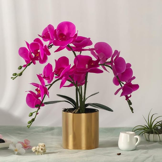 LESING Artificial Orchid Flower with Vase, White Orchid Bonsai Faux Orchid Phalaenopsis Plant Pot Arrangements for Home Decoration (Purple,Gold Vase)