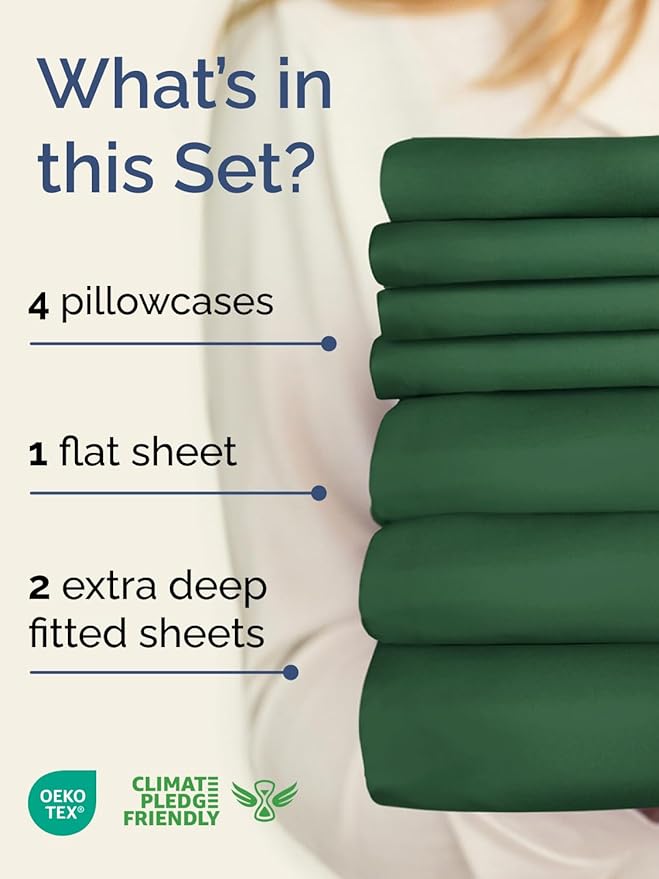 Extra Deep Split King Sheet Set - 7 Piece Breathable & Cooling Sheets - Hotel Luxury Bed Sheets Set - Easy Fit - Soft, Wrinkle Free & Comfy Sheets Set - Emerald Green Sheet Set w/Extra Deep Pockets