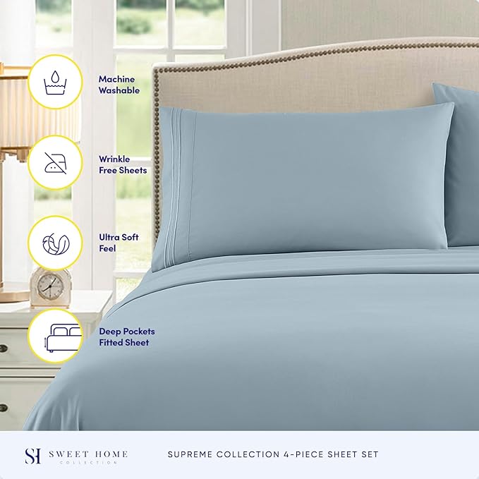 Queen Size Bed Sheets - Breathable Luxury Sheets with Full Elastic & Secure Corner Straps Built In - 1800 Supreme Collection Extra Soft Deep Pocket Bedding Set, Sheet Set, Queen, Misty Blue