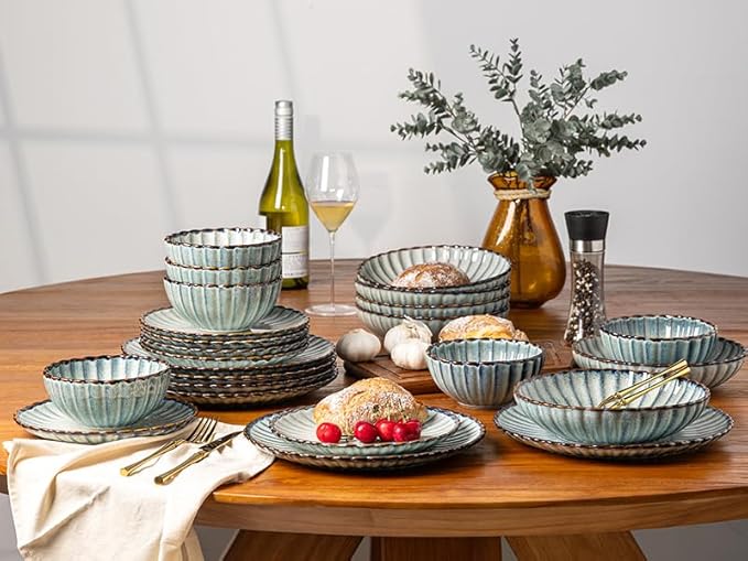 GBHOME Stoneware Dinnerware Sets for 4,Handcrafted Embossed Design Reactive Glaze Ceramic Plates and Bowls, Dishwasher and Microwave Safe, Service for 4(12pcs) (Space Blue, Service for 4)