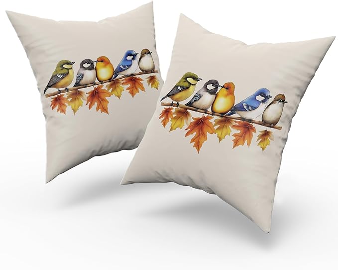 Giwawa Colorful Fall Birds Pillow Covers Pack of 2 20x20 Inch Autumn Thanksgiving Maple Leaf Branch Decorative Throw Pillow Cases Cotton Soft Cushion Covers for Sofa Couch Season Patio Car
