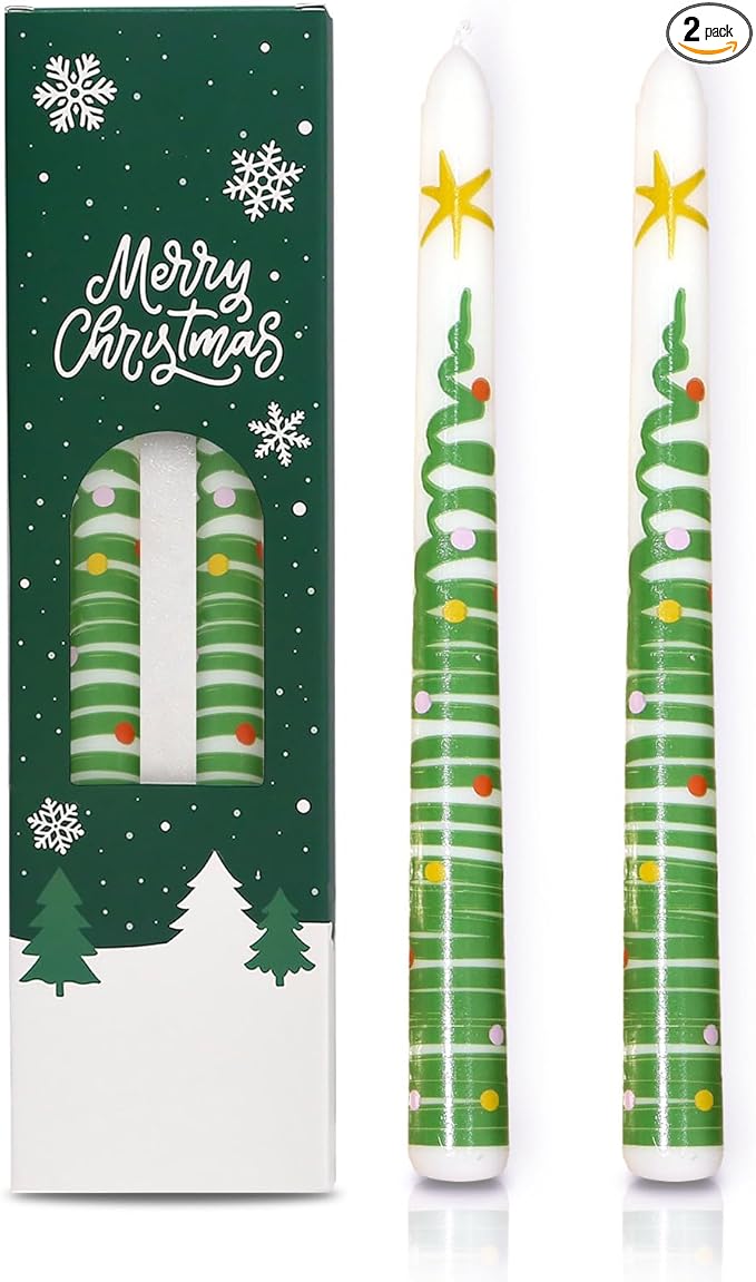 2 Pack Christmas Taper Candles, 10 Inch Unscented White Candlesticks with Christmas Tree Print Design for Holiday Table Decor, Fireplace Mantel, Advent Wreaths, Winter Weddings, Seasonal Display