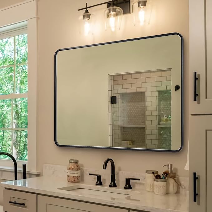 ANDY STAR Black Bathroom Mirror for Wall, 30 x 40 Inch Mirrors for Vanity, Rounded Rectangle Mirror, Black Metal Framed Mirror Wall Mounted Horizontal Or Vertical