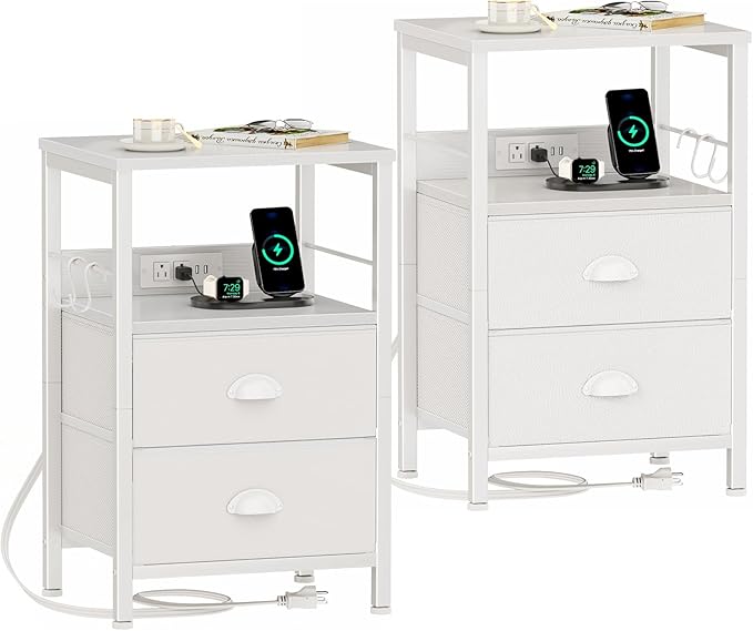 Furologee Nightstands Set of 2, Night Stands with Charging Station, Side Tables with 2 Fabric Drawers, End Tables with Storage Shelves, for Bedroom, White