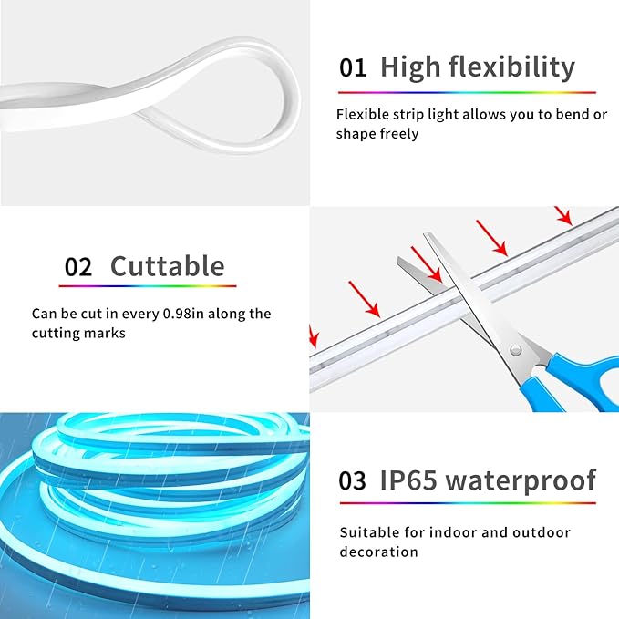 32.8ft LED neon Lights with Remote APP Control IP65 Waterproof Flexible Neon Strip Lights 24V RGB Rope Lights for Bedroom Room Outdoors Décor
