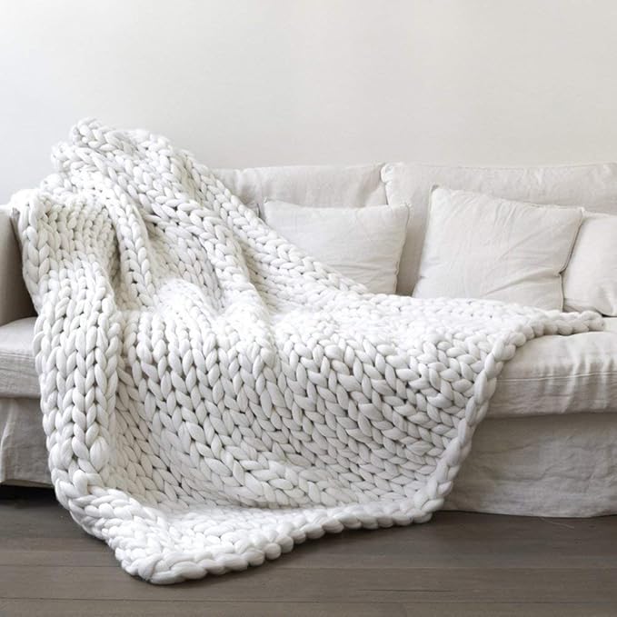 Chunky Knit Blanket Hand Made Merino Wool Throw Boho Bedroom Sofa Home Decor Giant Yarn(White 47"x60")