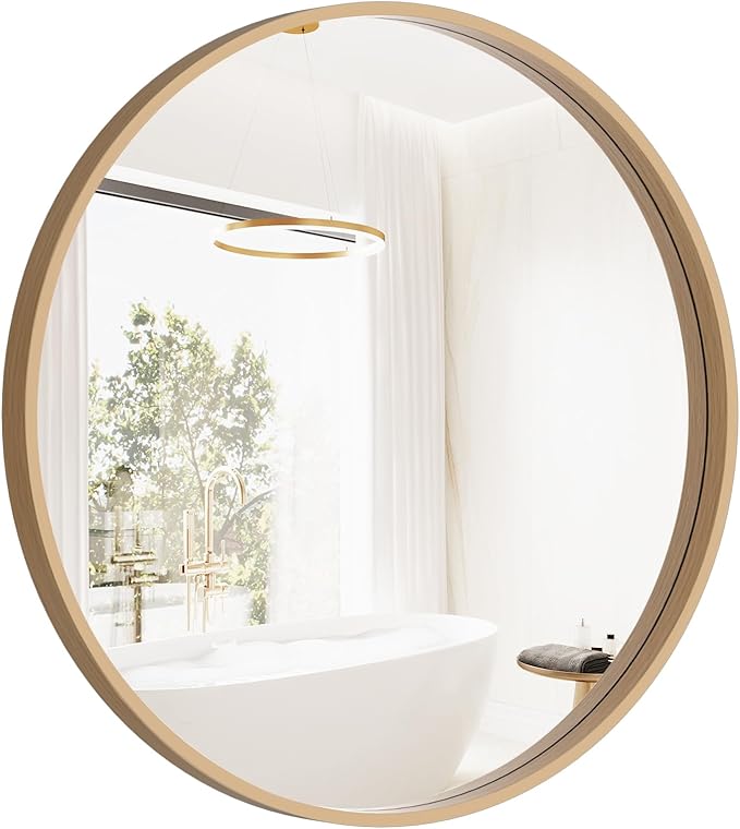 HOMECOOKIN Round Wood Mirror, 24" Round Bathroom Wall Mirror Circle Mirrors for Wall Decor, Vanity, Living Room, Bedroom, Entryway, Natural