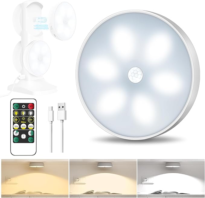 3 Colors Temperatures LED Closet Light Motion Sensor Step Light Compatible with Charging Station, USB Rechargeable Battery Operated Puck Light (1 Pack)