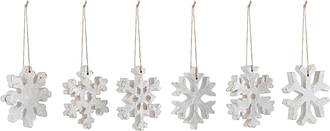 DEMDACO Cozy Time Silver Tone 4 x 4 Inch Wood Christmas Tree Decoration, Festive Holiday Décor, Distressed, Hanging Ornaments, Set of 6, Snowflake