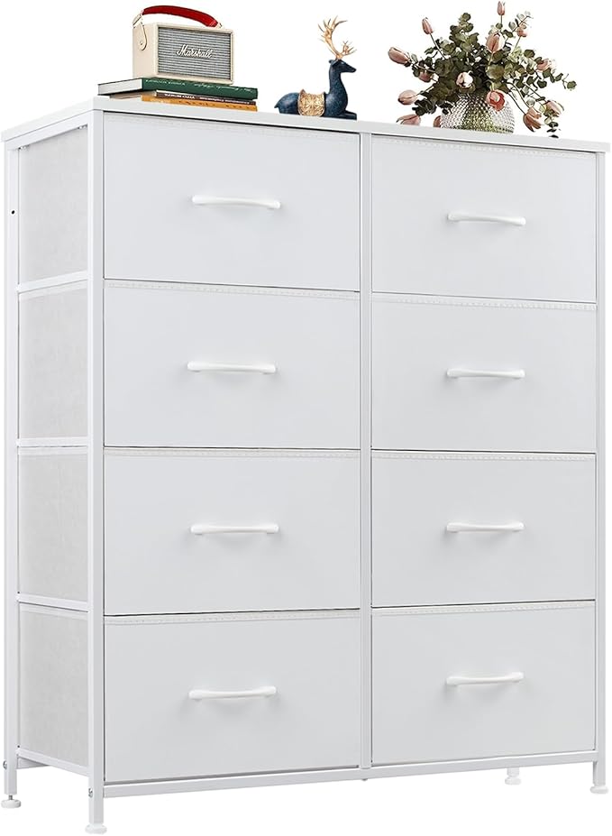 OLIXIS Dresser for Bedroom, 8 Storage Drawers, Tall Large Fabric Storage Tower Organizer, Chest of Drawers with Metal Frame Wooden Top for Nursery, Closet, Living Room, Entryway, Classic White