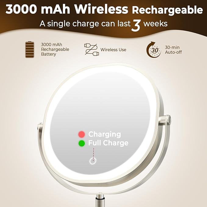 9" Wall Mounted Lighted Makeup Mirror, 3000mAh Rechargeable Double Sided 1X/10X Magnifying Mirror with Hook, 3 Color Lights Dimmable 360° Rotation Vanity Mirror for Bathroom