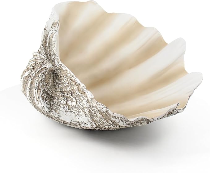 Large Mud Gray Clam Shells Decorative Bowl,Weathered style ClamShell Bowl Beach Decorations for Home Coastal Beach Decor Decoration Storage Bowls & Home Office Nautical Themed Party Decor -10.2"-1PC