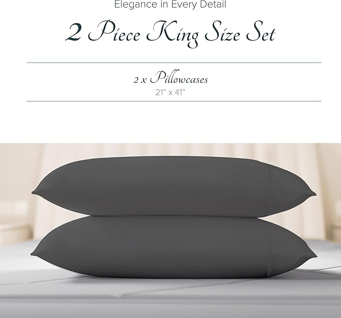 Carressa Linen 100% Egyptian Cotton Pillow Cases King Size Set of 2 - Luxury 1500 Thread Count Sateen Dark Grey Pillow Covers, Soft & Breathable 5 Star Hotel-Quality Pillowcases, Fits King Pillows