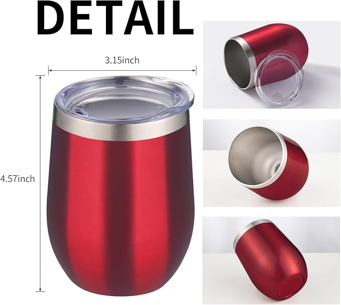 12oz/4 Pack Wine Tumbler Glasses with Lid Stemless Double Wall Vacuum Stainless Steel Travel Tumbler Keeping Cold & Hot for Wine,Coffee,Cocktails,Christmas Drinks-Family and Gifts (Red-4 pack)