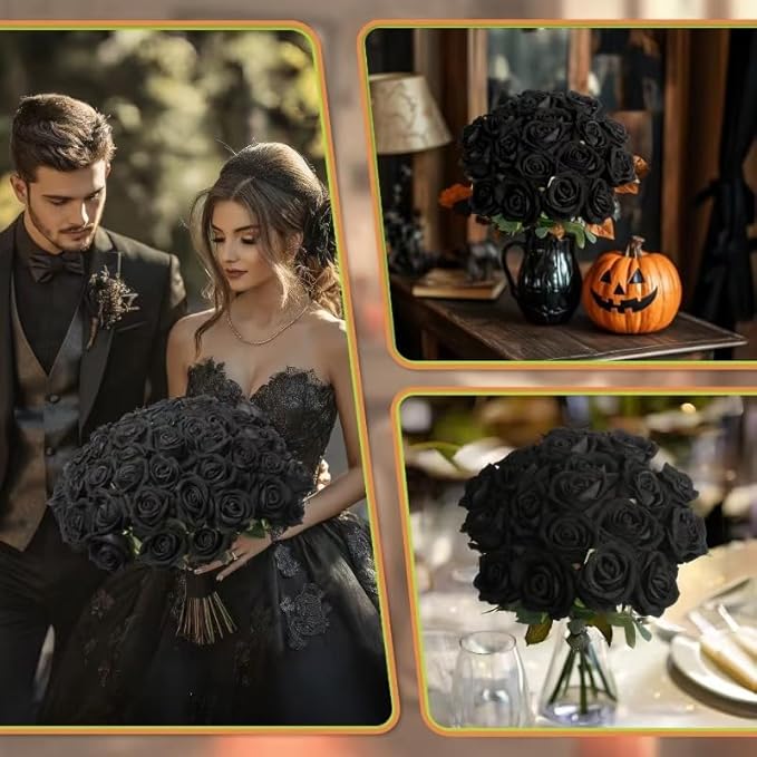 50 PCS Fake Black Roses, Artificial Flowers Bulk Halloween Decorations Realistic Silk Faux Black Roses with Stems for Gothic Wedding Party Decor, Bridal Bouquets DIY Floral Arrangement Home Decor
