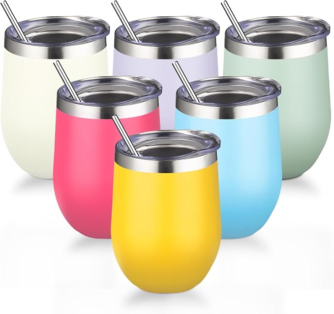 12oz/6 Pack Stainless Steel Wine Tumbler with Lid and Straw, Double Wall Vacuum Insulated Wine Tumbler Glasses, Stemless Travel Mugs for Hot and Cold Drinks, Coffee, Wine, Cocktails（Mix Color-1）