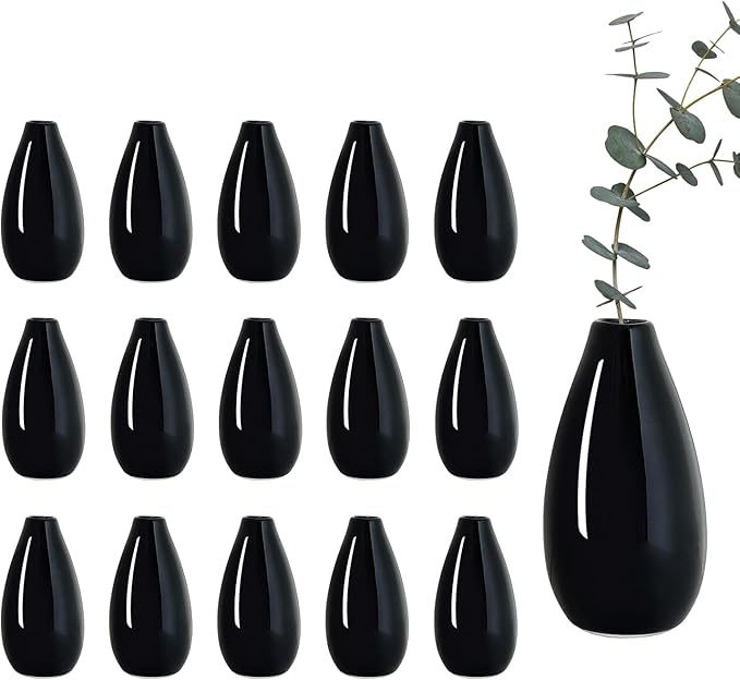 Modern Black Small Ceramic Vase Set of 16 for Living Room Bedroom 4.13'' Minimalist Fresh Flower Vases for Home Decor Office Fireplace Centerpieces Nordic Style Gift for Fake Plant 16 Pack