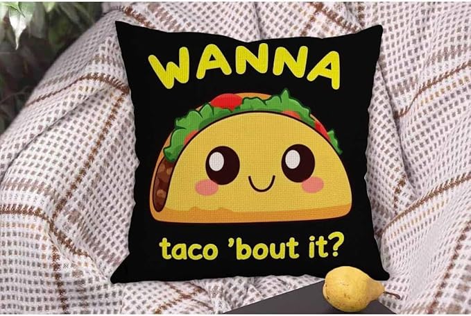 WONDERTIFY Throw Pillow Case Cover Taco with Letter Wanna Taco About It Yellow Black - Soft Linen Pillow Case for Decorative Bedroom/Livingroom/Sofa/Farm House -Cushion Covers Couch Pillow 18x18 Inch