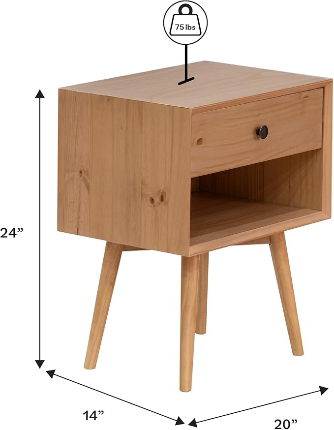 Walker Edison Mid Century Modern 1-Drawer Nightstand Bedroom Storage Drawer and Shelf Bedside End Table, 24 Inch, Natural Pine