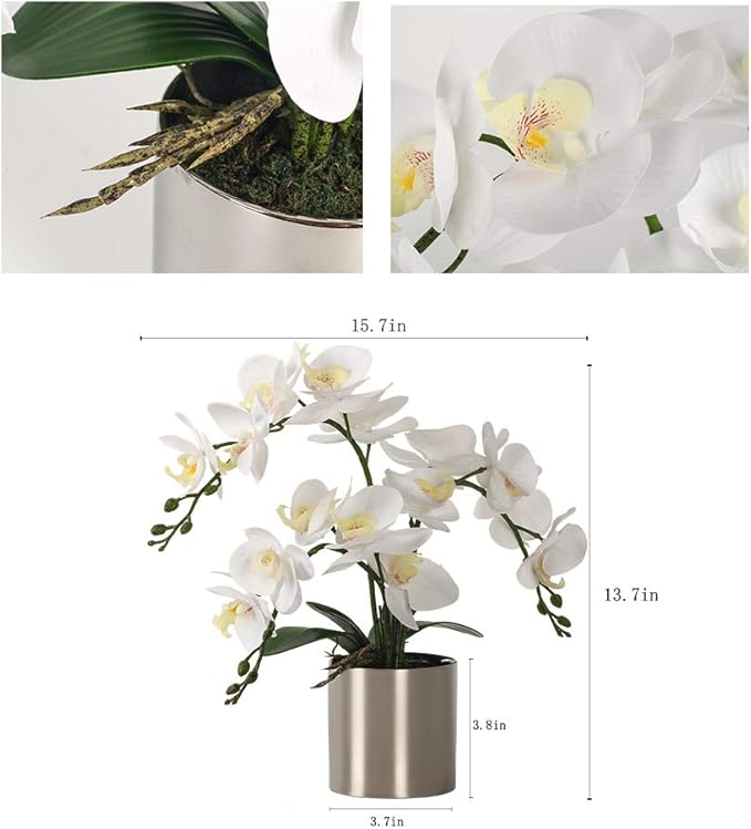 LESING Potted Artificial Orchid Flowers,Real Touch White Fake Artificial Orchid Flower in Silver Vase Arrangement for Table Living Room Decoration (White,Silver Vase)
