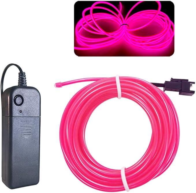 MaxLax EL Wire Pink, 9.8ft/3m Portable Battery Pack Neon Light Strip 360° Cuttable Glowing Rope Lights for Parties, Halloween, DIY Decoration
