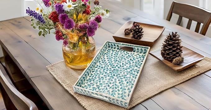 PEMAR Rectangular Mother of Pearl Serving Tray Nacre Wood Lap Ottoman Tray for Coffee Table, Luxury Decorative Handmade Eating Platters w Insert Handles (Teal Floral Pattern)