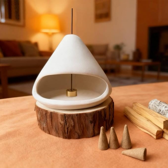 Handcrafted Natural Clay Smudge Pot-Mini Chimenea Incense Holder for Sage, Copal & Palo Santo-Aromatherapy Burner with Unique Design-Perfect Anxiety Relief Gift for Women, Zongzi Style, White