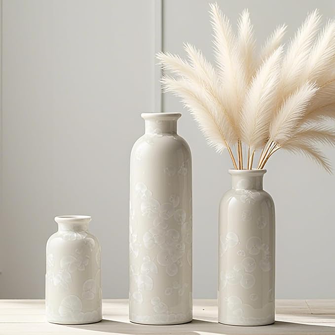 Modern Ceramic Vase Set of 3, Neutral Colors, Decorative Bottles for Home, Farmhouse Rustic Decor (Crystalline Glaze White)