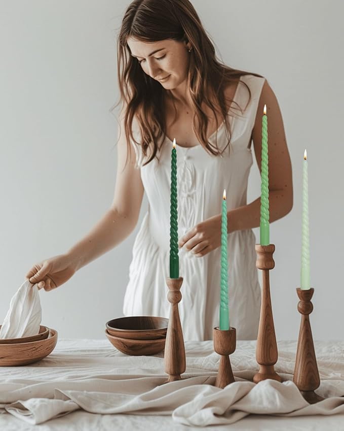 Candlestick Green Taper Candles 12 inch Unscented Smokeless Long Tall Tapered Candle for Candlesticks Sticks Wedding Advent Home Decor Dinner Christmas，Set of 12,Sprial