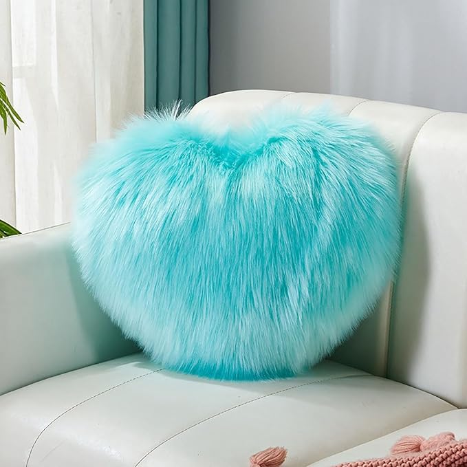Fluffy heart-shaped pillow, sofa bed decoration, pillow decoration, room pillow (Light blue, 15.74inch X 19.68inch)