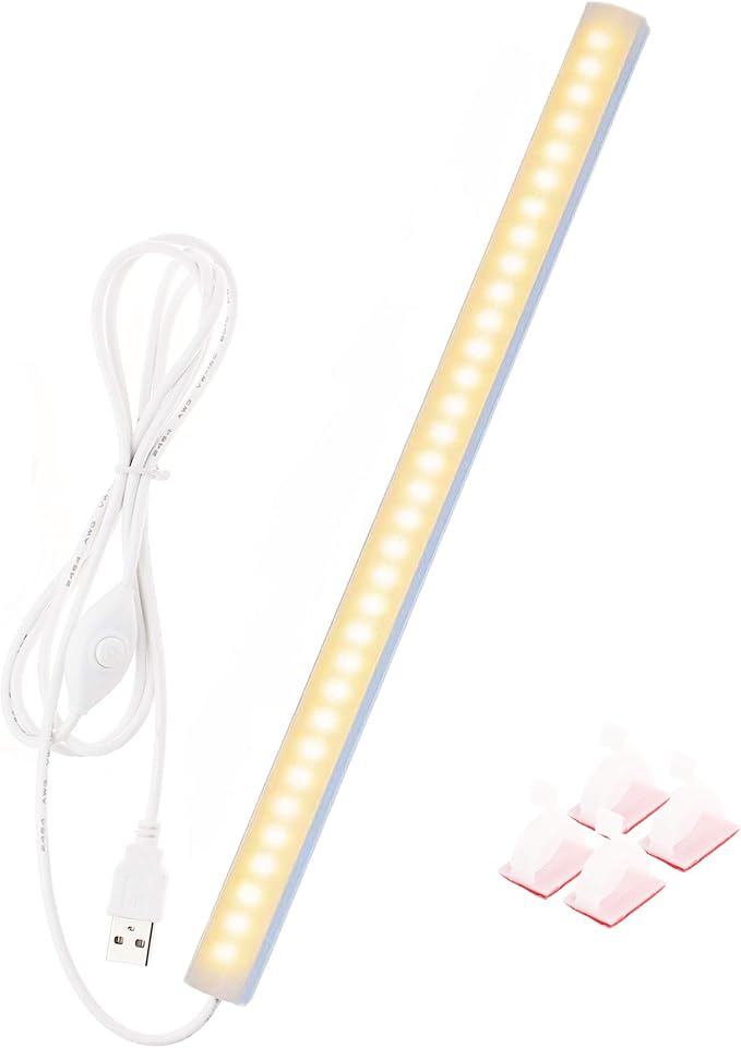 JUSJUBR Under Cabinet LED Sink Light - 12 Inch, Warm White 3000K Dimmable USB Light Bar with Memory Function, Slim Design for Room (No Plug)
