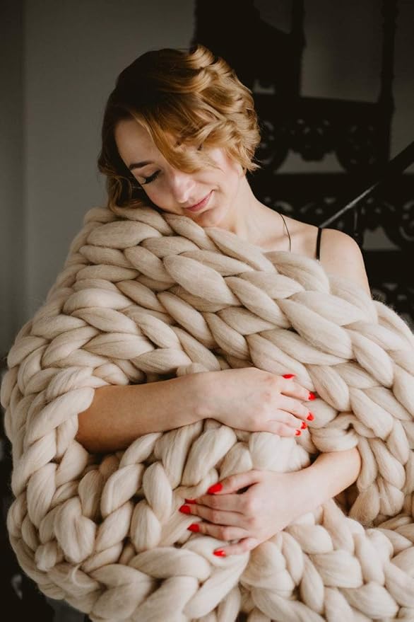 Knitted Throw Blanket for Sofa,Handmade Knit Chunky Blanket Throw Sofa Throw for Gift Sofa Bed,Chunky Knit Blanket(Camel 80"x80")