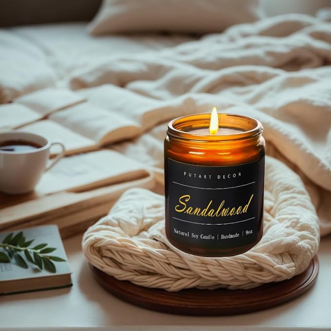 Sandalwood Scented Candles for Home, 9oz Natural Soy Wax Aromatherapy Organic Santal Candle for Stress Relief, Long Burning & Lasting Jar Candle Gifts for Birthday, Housewarmings, Thanksgiving