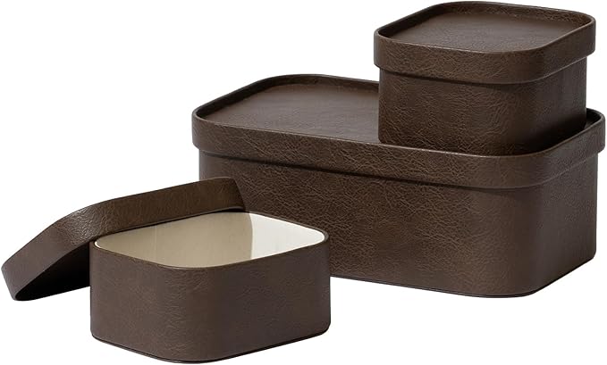 La Jolie Maison Vegan Leather Storage Boxes with Lids, Set of 3 Decorative Storage Containers Organize Stackable Storage Box, Mocha