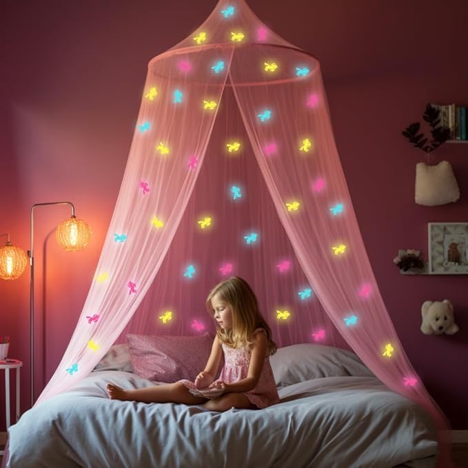 Pink Canopy for Girls Bed with Pre-Glued Glow in The Dark Unicorns - Princess Mosquito Net Room Decor - Kids & Baby Bedroom Tent with Galaxy Lights - 1 Opening Canopy Bed & Hanging Kit Included