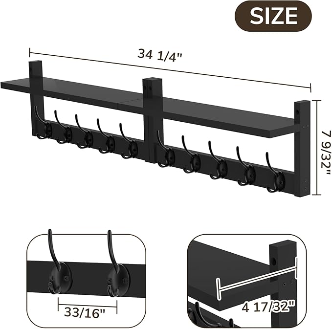 AMBIRD 34.2" Extra Long Wooden Wall Hook Rack with Shelf - Versatile and Decorative Wall-Mounted Storage with 10 Hooks for Coats, Hats, Keys, Scarves - Ideal for Entryways, Bedrooms, Closets (Black)