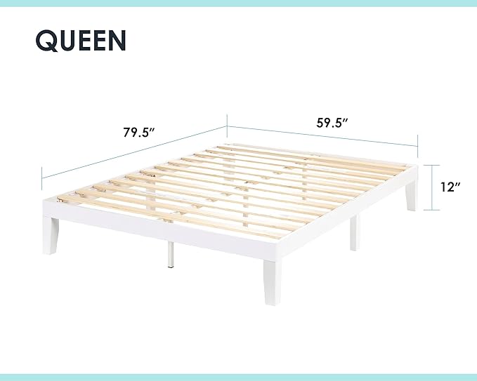 Mellow Naturalista Classic 12 Inch Solid Wood Platform Bed with Wooden Slats, Queen, White