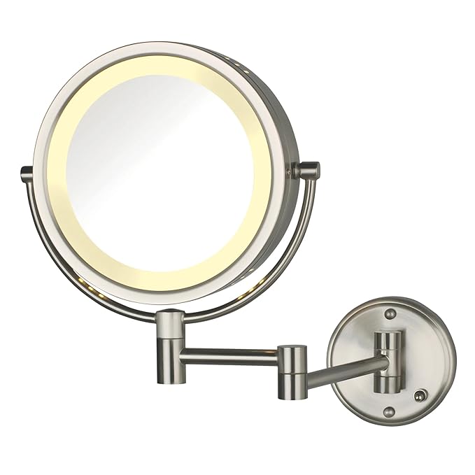 JERDON Wall-Mounted Makeup Mirror with LED Lighting - Direct Wire Lighted Makeup Mirror with 8X Magnification & Nickel Finish Wall Mount - Model HL75ND