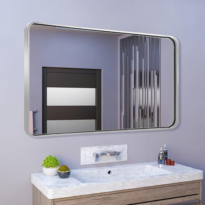 ANDY STAR 48”X30” Chrome Bathroom Mirrors, Polished Chrome Vanity Mirror, Rounded Rectangle Mirror for Wall, SUS304 Anti-Rust Tube Metal Frame, Wall Mounted Horizontal/Vertical 1’’ Deep