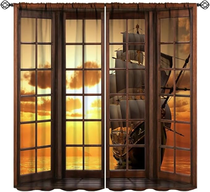 Retro Ship Curtains, Window View Sailing Boat Ship Schooner, Nautical Style Ocean Sunset Landscape Print Blackout Window Drapes for Boys Bedroom Living Room 42x45 Inch
