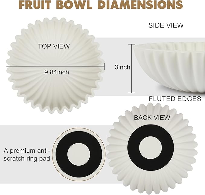 Large Decorative Bowl for Home Decor - Centerpiece for Coffee Table,Dining Table,Kitchen, Entryway Key bowl & Fruit Display - Modern Concrete Stone Design (White)