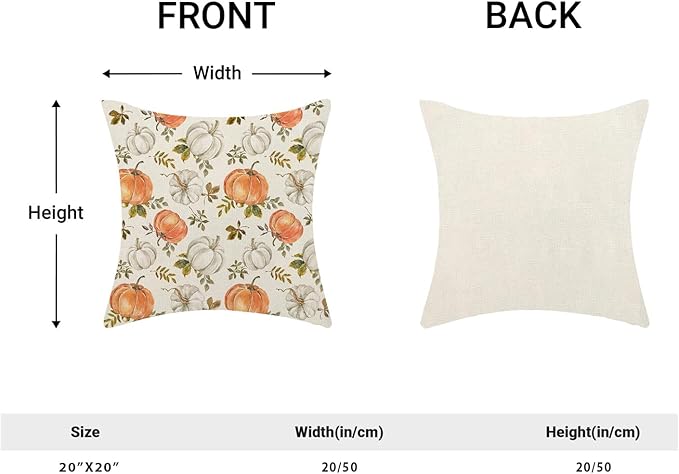Fall Pillow Covers 20 x 20 Inch, Watercolor Burnt Orange Grey Pumpkin Leaf Decor Throw Pillows for Home Couch Bed, Autumn Harvest Thanksgiving Decorative Pillowcase Linen Cushion Cover Set of 2