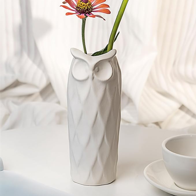 Owl Ceramic Vase Set of 2 for Living Room Bedroom 9.45'' and 8.27'' Modern White Fake Flower Plant Vases for Home Decor Office Table Shelf Fireplace Retro Rustic Farmhouse Vintage Classic Gift